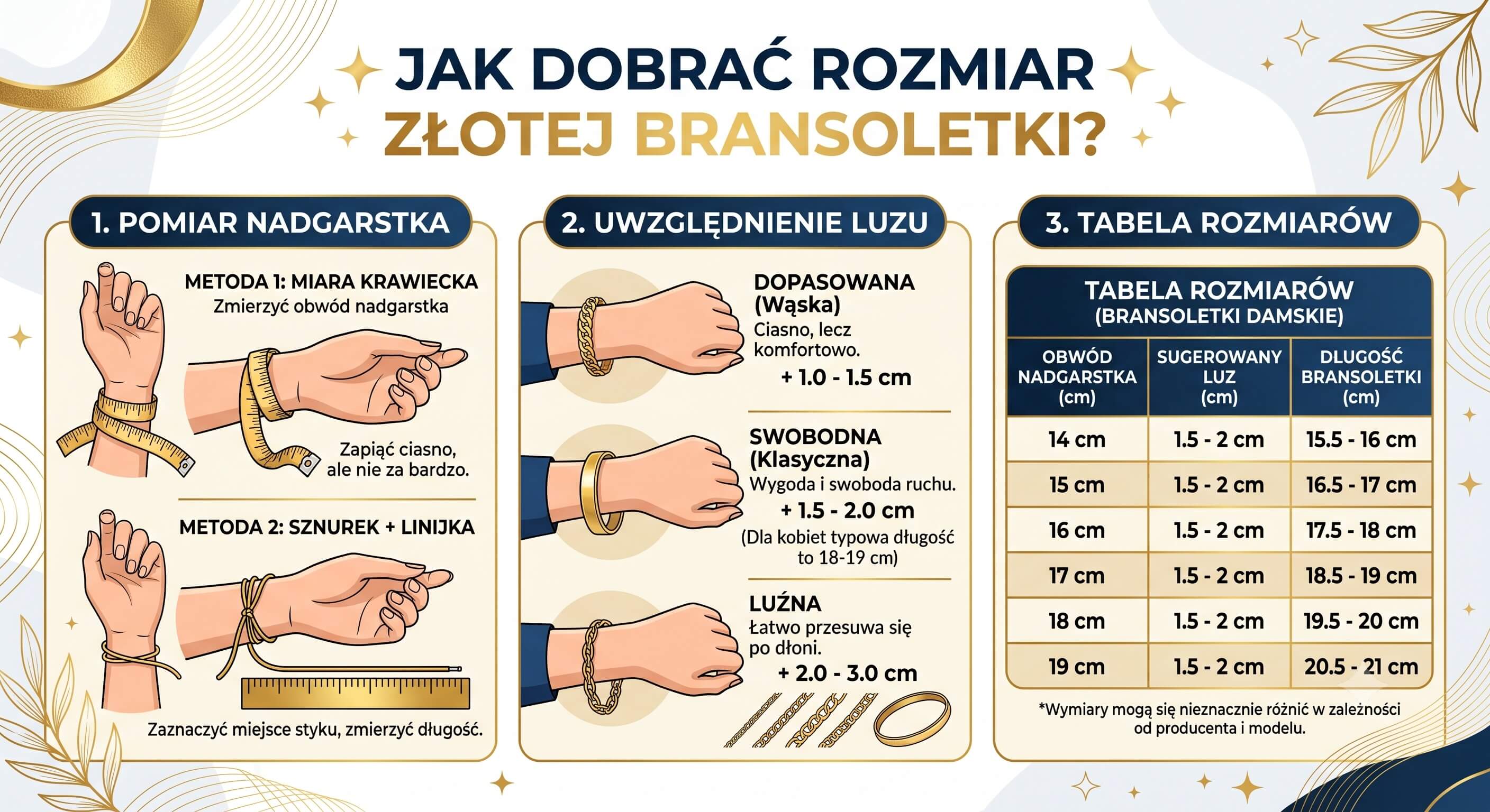 Jak dobrać rozmiar złotej bransoletki? Pomiar nadgarstka, luz i tabela rozmiar