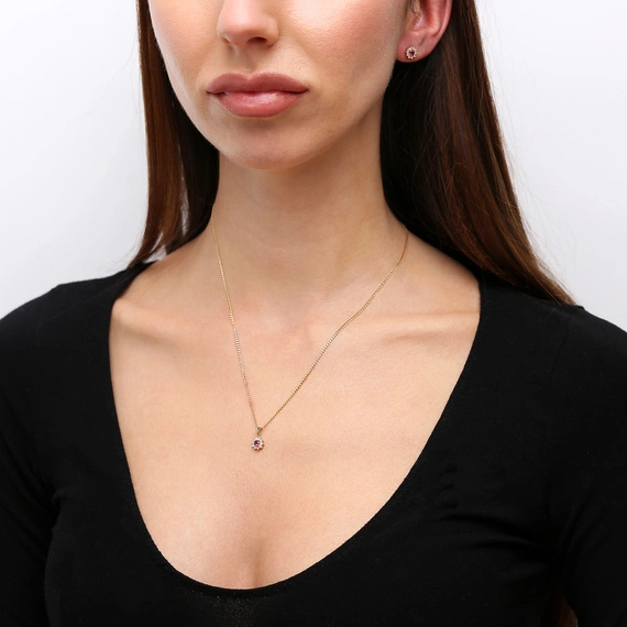 Złote kolczyki 585 okrągłe rubiny diamenty 0,48 ct