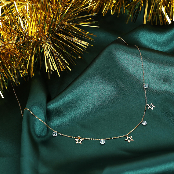 Złoty naszyjnik choker z gwiazdami 585 gwiazdki i białe cyrkonie 36-40 cm