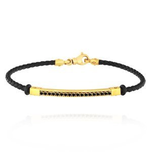 Złota bransoletka męska 585 blaszka czarne cyrkonie z grawerem na czarnym sznurku 21 cm