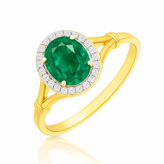 Złoty pierścionek ze szmaragdem 585 owalny szmaragd diamenty naokoło
