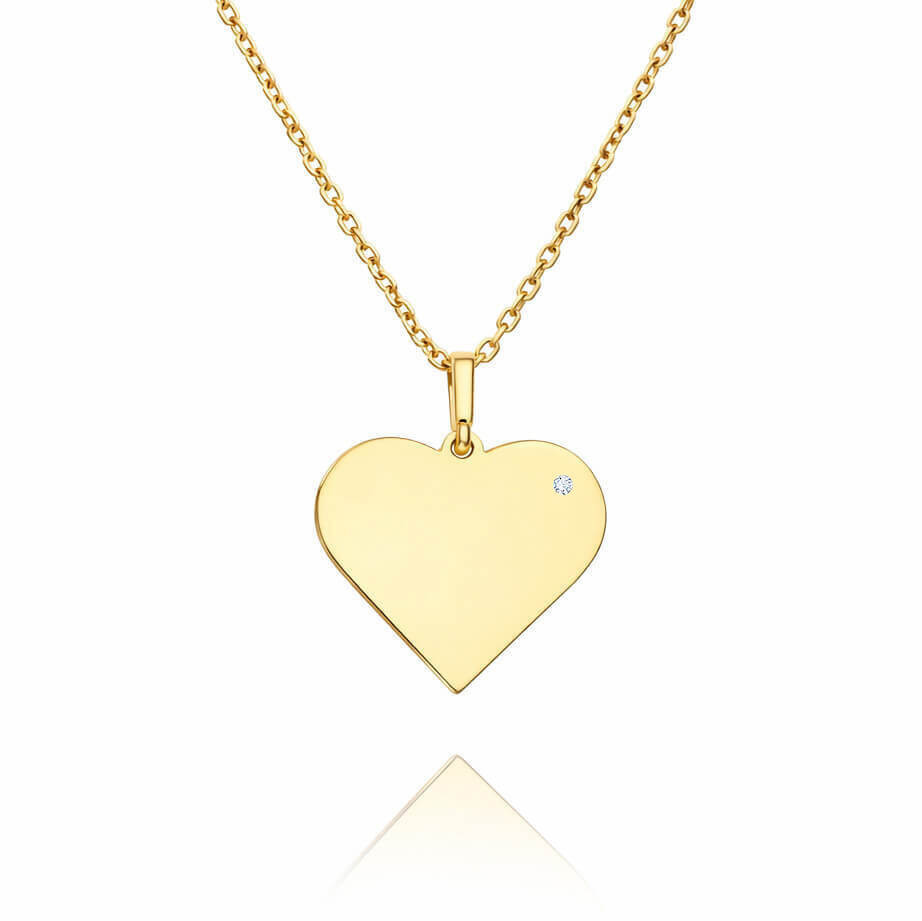 Złota zawieszka z brylantem 585 gładka serce duże diament grawer 1,8 cm