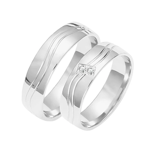 Obrączki ślubne para: białe złoto 585, diamenty, tłoczenie, 5 mm