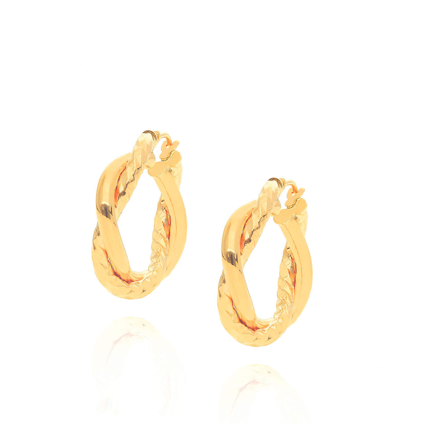 Złote kolczyki koła spiralki podwójne 585 kręcone gładkie fasetowane przeplatane na zatrzask 2,5 cm