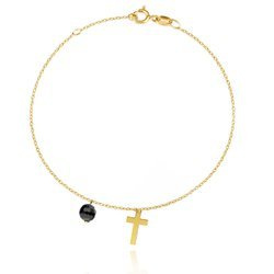 Bransoletka złota krzyżyk z czarnym koralikiem cyrkonia 585 