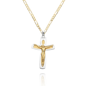 Złota zawieszka 585 krzyż z Jezusem Pasja białe i żółte złoto