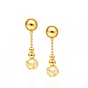 Złote kolczyki perły 585 gładkie kulki wiszące na łańcuszku diamentowane na sztyft 