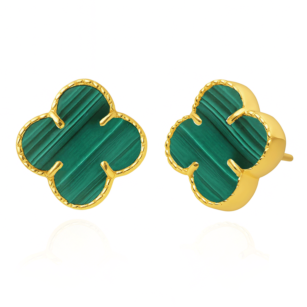 Złote kolczyki duże koniczynki z malachitem 585 kwiatki koniczynki malachit naturalny na sztyft