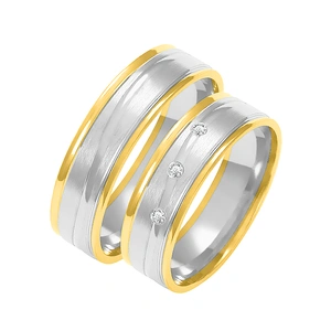 Obrączki ślubne para: białe i żółte złoto 585, diamenty, satynowane, 6 mm
