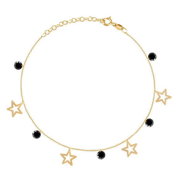 Bransoletka złota na nogę z gwiazdkami 585 celebrytka gwiazdki i czarne cyrkonie 23-25 cm