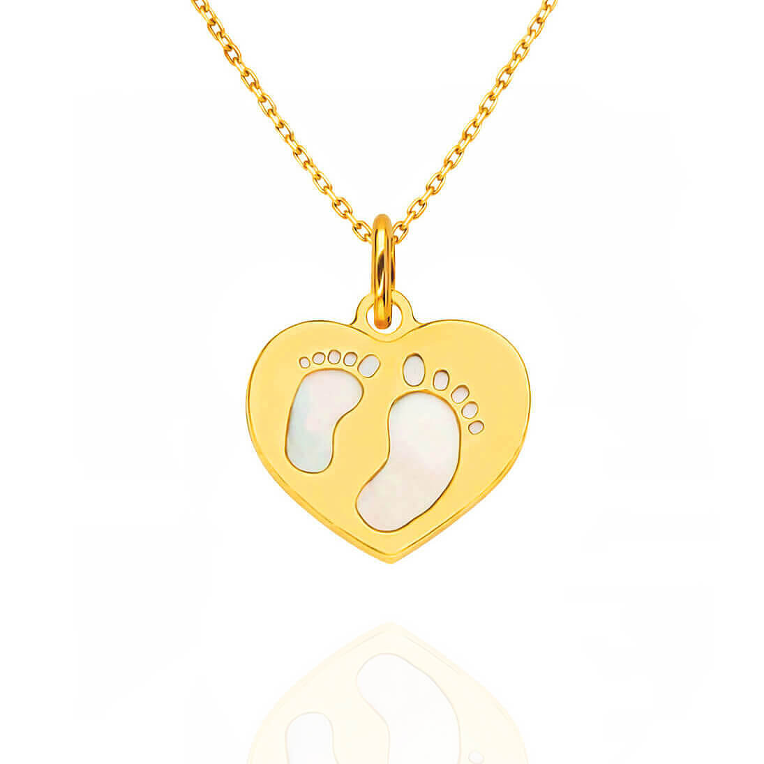 Złota zawieszka serce stópki 585 dla mam masa perłowa Grawer