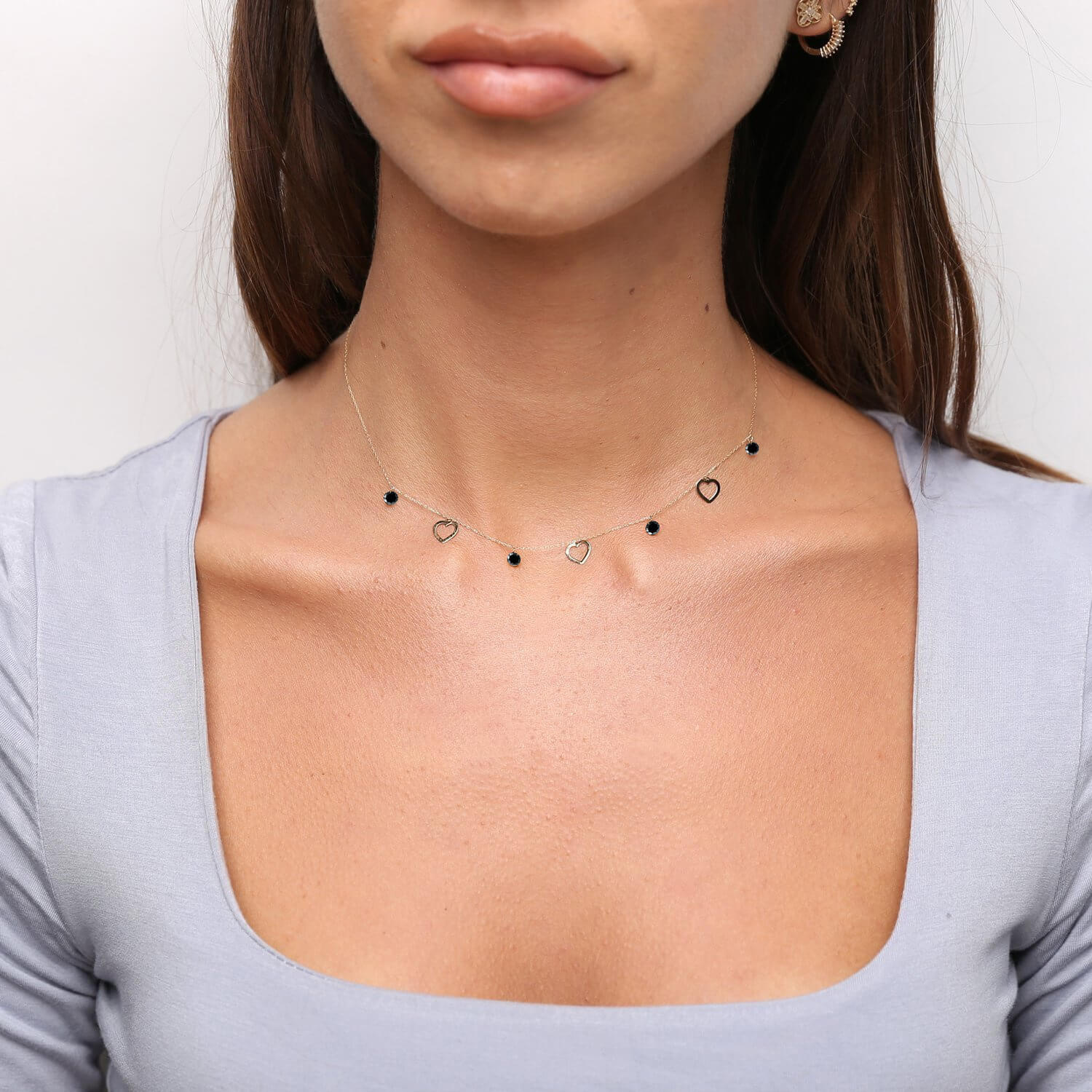 Złoty naszyjnik choker 585 serca i czarne cyrkonie 36-40 cm