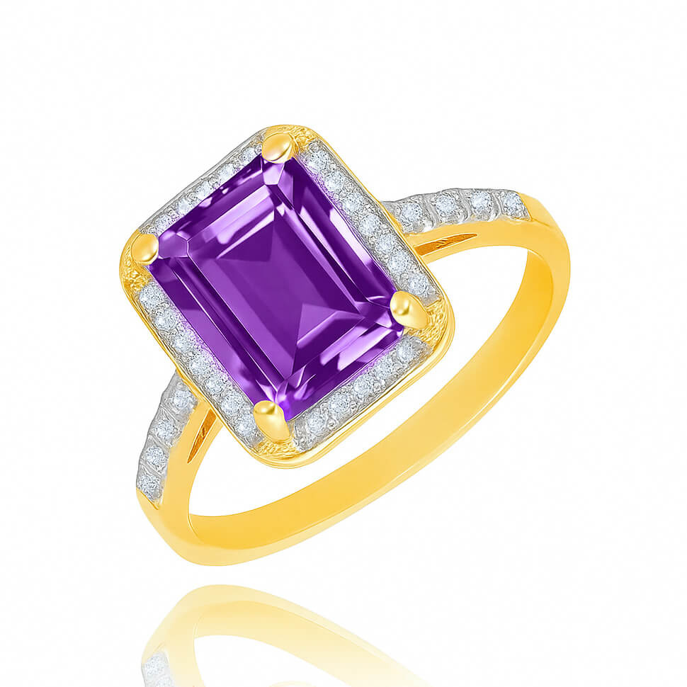 Złoty pierścionek zaręczynowy 585 ametyst 2,00 ct oktagon diamenty 0,16 ct