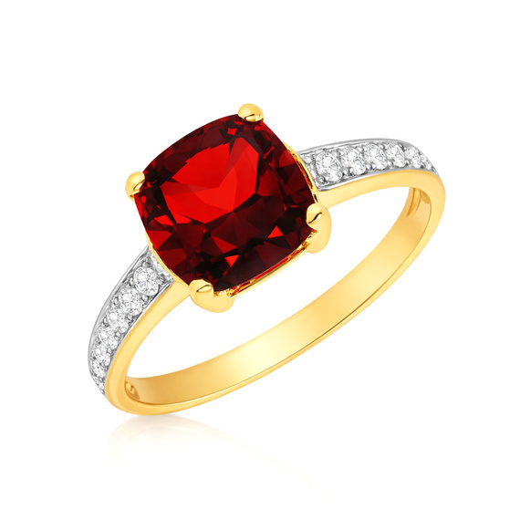 Złoty pierścionek z granatem 585 granat oktagon 2,495 ct diamenty 0,17 ct 
