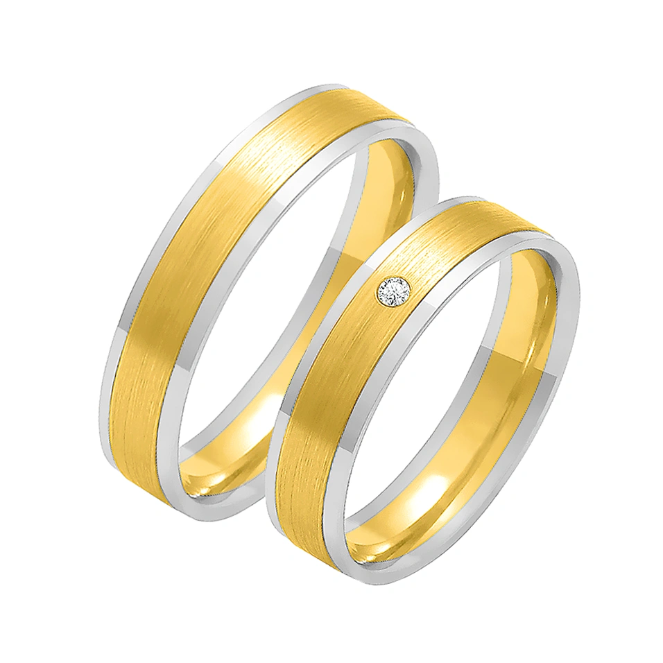 Obrączki ślubne para: białe i żółte złoto 585, diament, satynowane, 5 mm