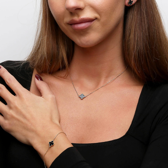 Złota bransoletka koniczyna 585 koniczynka kwiatek czarny onyks naturalny