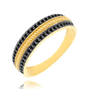 Złoty pierścionek szeroki 585 czarne cyrkonie fasetowany obrączka