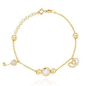 Złota bransoletka z zawieszkami 585 ankier cyrkonia kuleczki