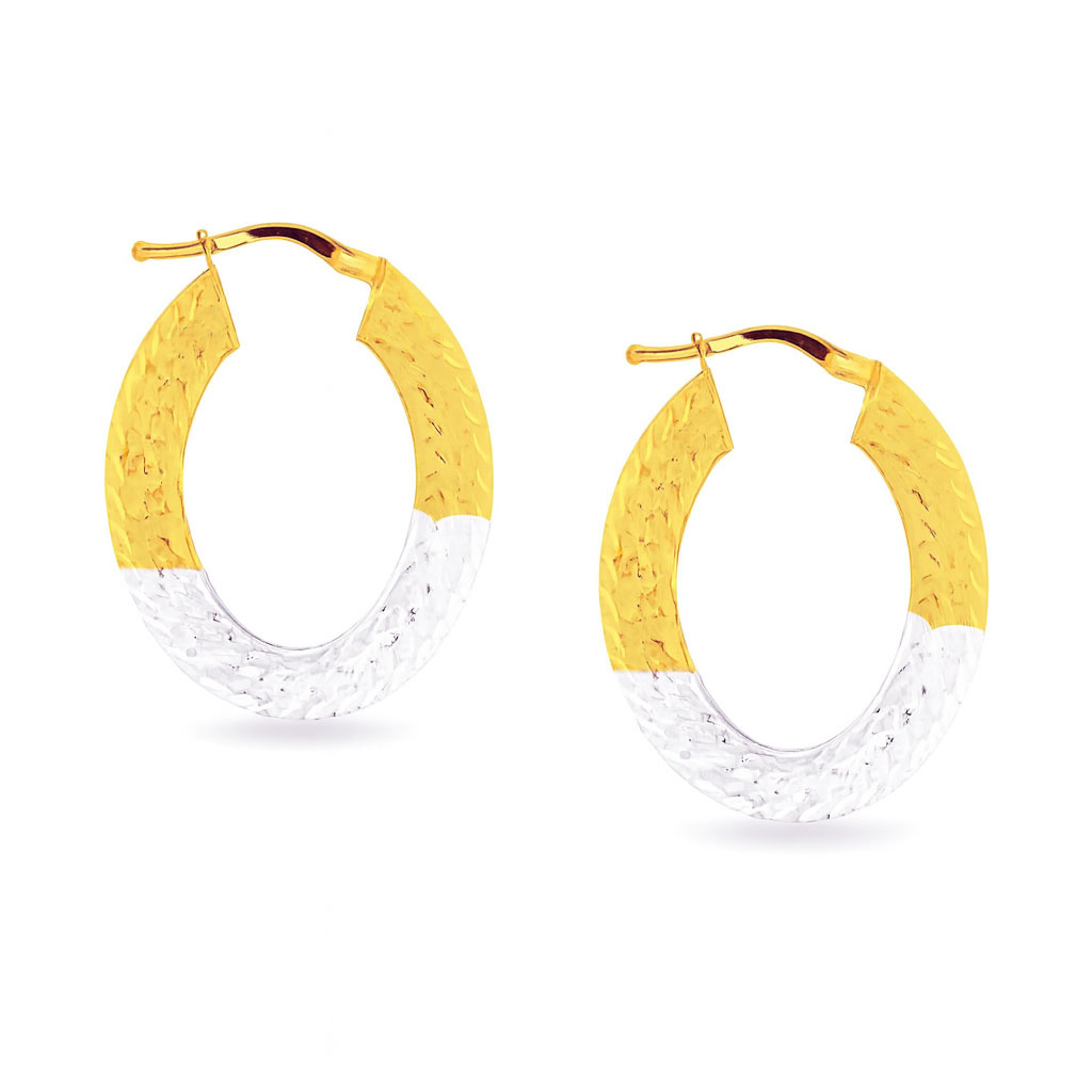 Złote kolczyki koła 585 owalne fasetowane białe i żółte złoto kreol 3 cm