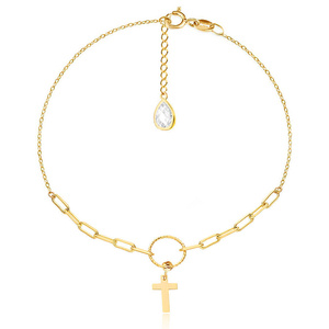 Złota bransoletka krzyżyk na kółku 585 cienki i gruby splot ankier z cyrkonią przy zapięciu