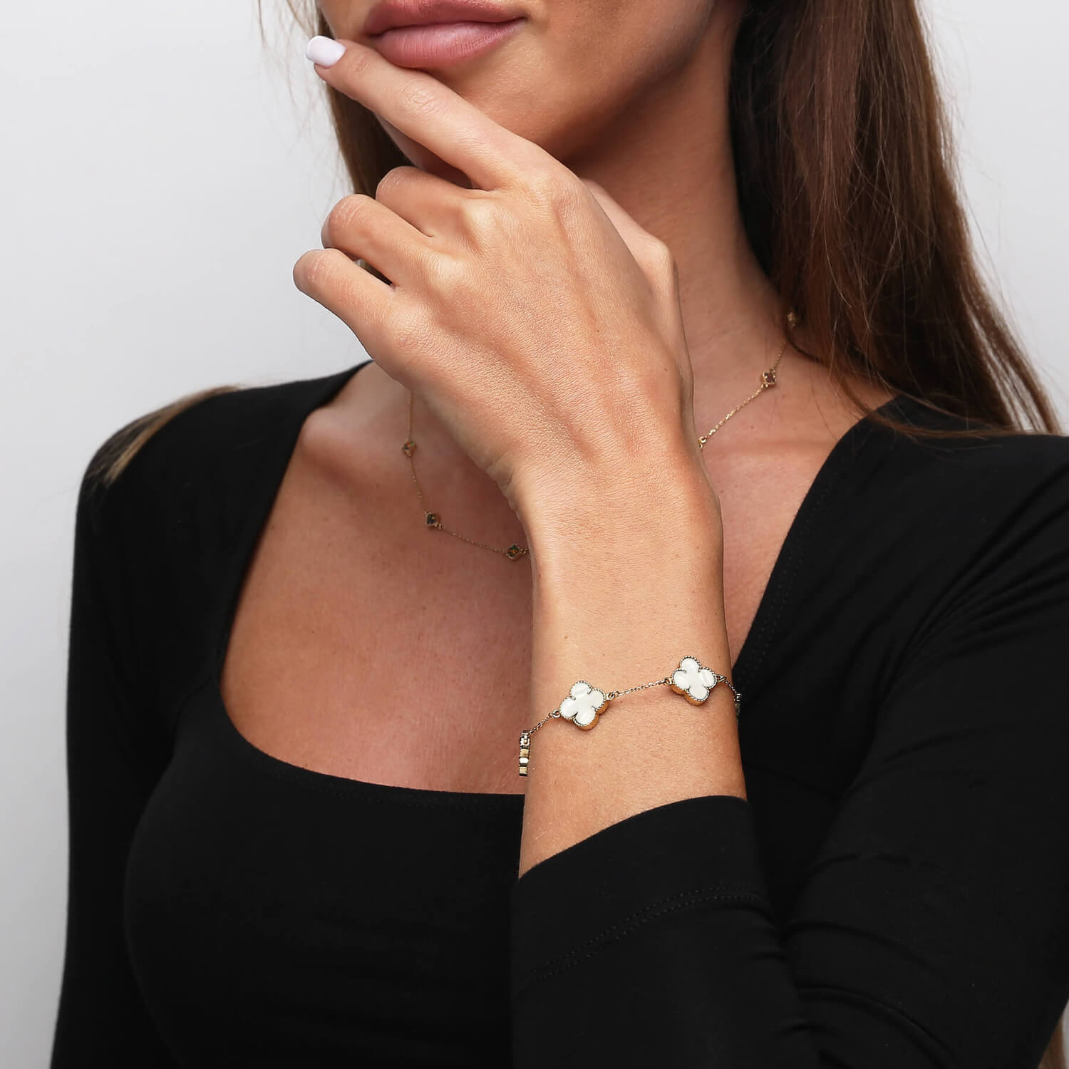 Bransoletka złota duże koniczynki 585 naturalny kamień masa perłowa