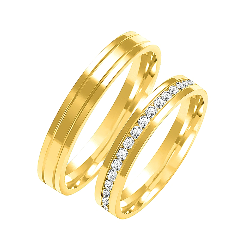Obrączki ślubne para: złoto 585, diamenty dookoła, płaskie, 4 mm