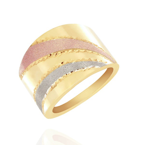 Złoty pierścionek szeroki trzykolorowy 585 diamentowany
