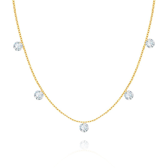 Naszyjnik złoty 585 Choker białe cyrkonie wiszące 5 cyrkonii 36-40 cm