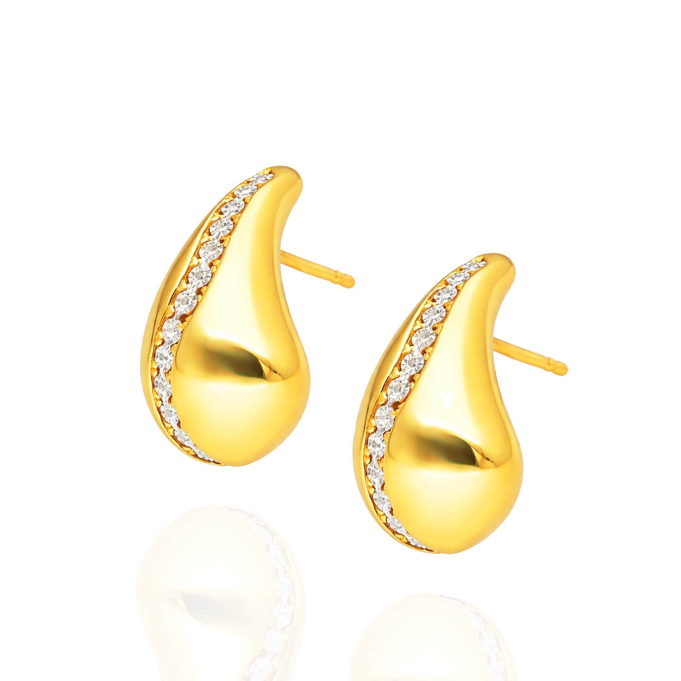 Złote kolczyki krople 585 diamentowane białe i żółte złoto drops na sztyft 2 cm