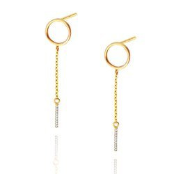 Złote kolczyki kółka 585 na łańcuszku pałeczki z cyrkoniami na sztyft