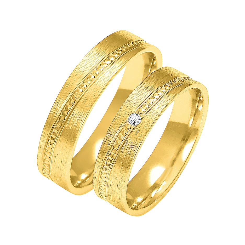 Obrączki ślubne para: złoto 585, tłoczenie, diament, płaskie, satynowane, 5 mm