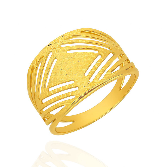 Złoty pierścionek szeroki 585 diamentowany ażurowy nacinany fasetowany