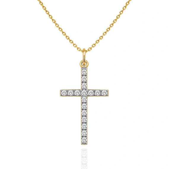Złota zawieszka krzyż z cyrkoniami 585 krzyżyk białe cyrkonie rodowany 2,8 cm 