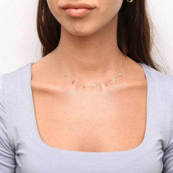 Złoty naszyjnik choker 585 krzyżyki i białe cyrkonie 36-40 cm