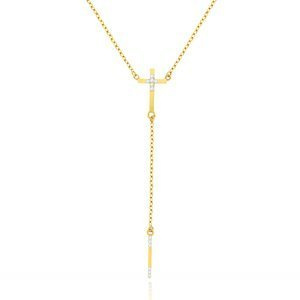 Złoty naszyjnik 585 krawatka z krzyżykiem pałeczką i cyrkoniami 
