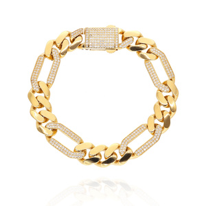 Złota bransoletka 585 szeroka 10 mm figaro pancerka z cyrkoniami 19 cm