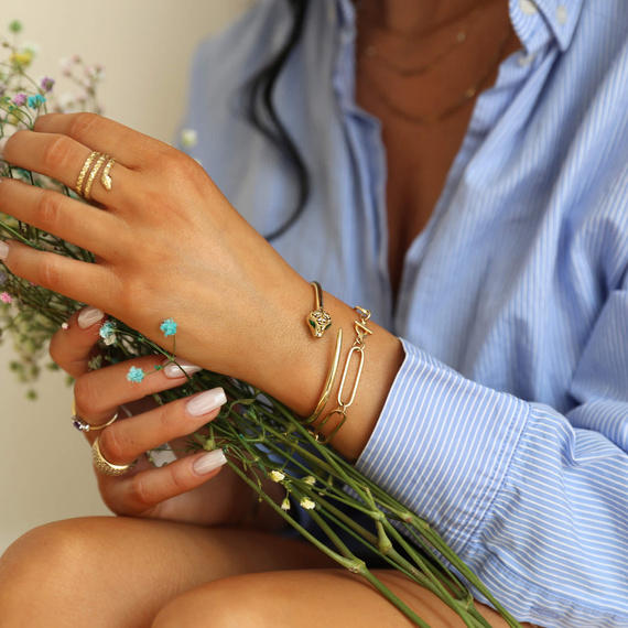 Złota bransoletka sztywna żmija bangle 585 gładka półotwarta diamentowana wąż zielone cyrkonie serpent