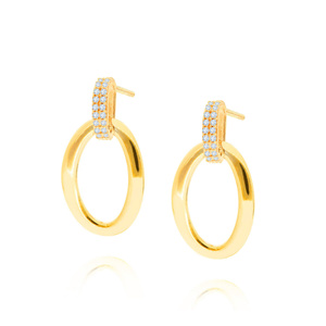 Złote kolczyki owalne 585 długie wiszące cyrkonie na sztyft