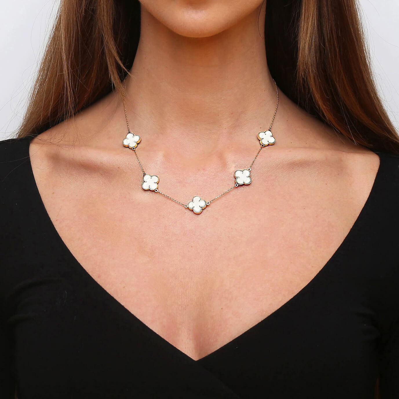 Naszyjnik złoty duże koniczynki perła 585 naturalny kamień masa perłowa