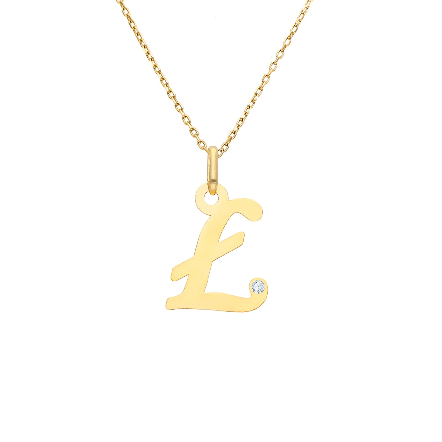 Złota zawieszka literka z brylantem 585 pochyła Ł z diamentem