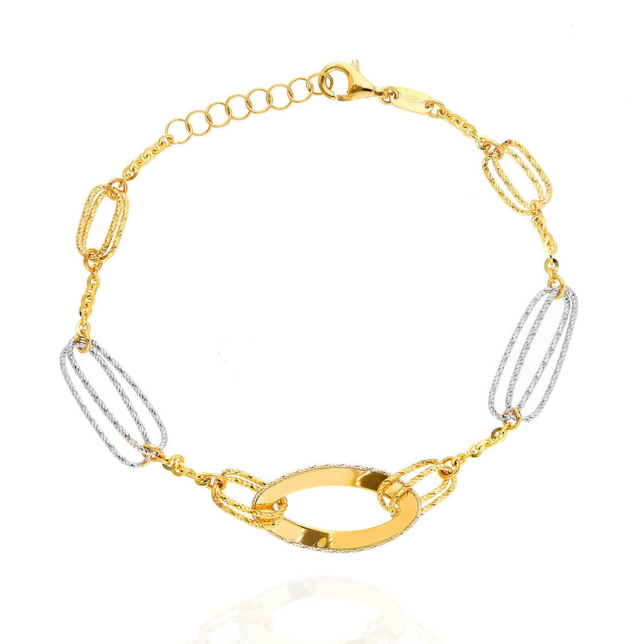 Złota bransoletka damska koła agrafki 585 białe i żółte złoto 17-19 cm