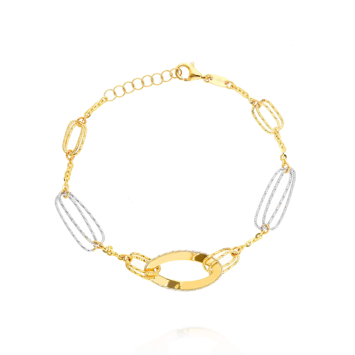 Złota bransoletka damska koła agrafki 585 białe i żółte złoto 17-19 cm