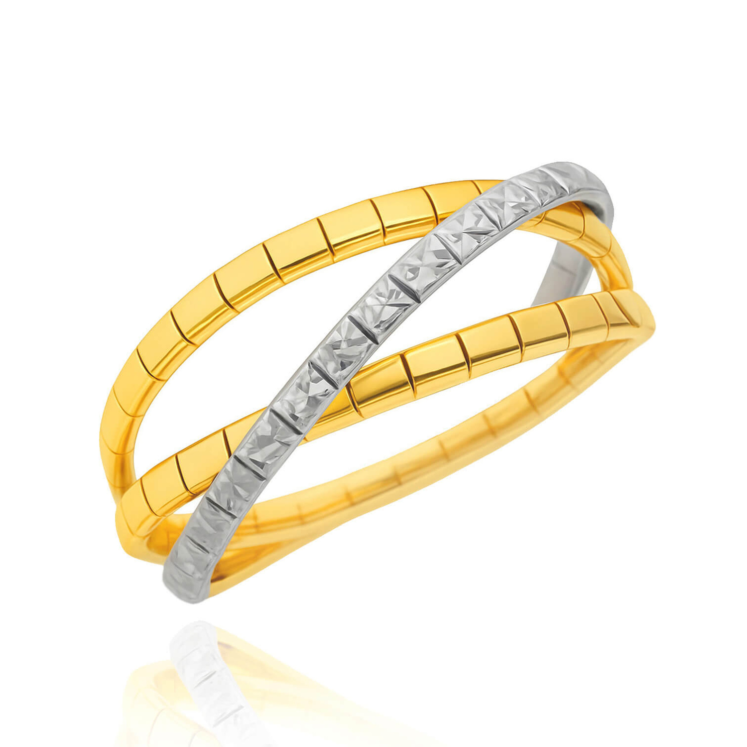 Złoty pierścionek szeroki 585 ażurowy diamentowany białe i żółte złoto