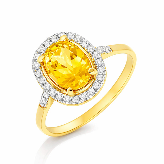Złoty pierścionek zaręczynowy 585 owalny cytryn 1,80 ct diamenty 0,24 ct 