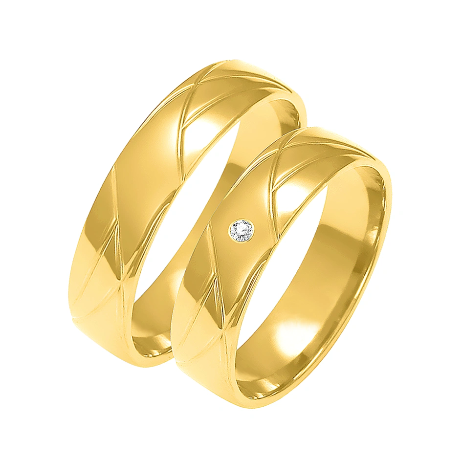 Obrączki ślubne para: złoto 585, ozdobne tłoczenie, diament, 5 mm