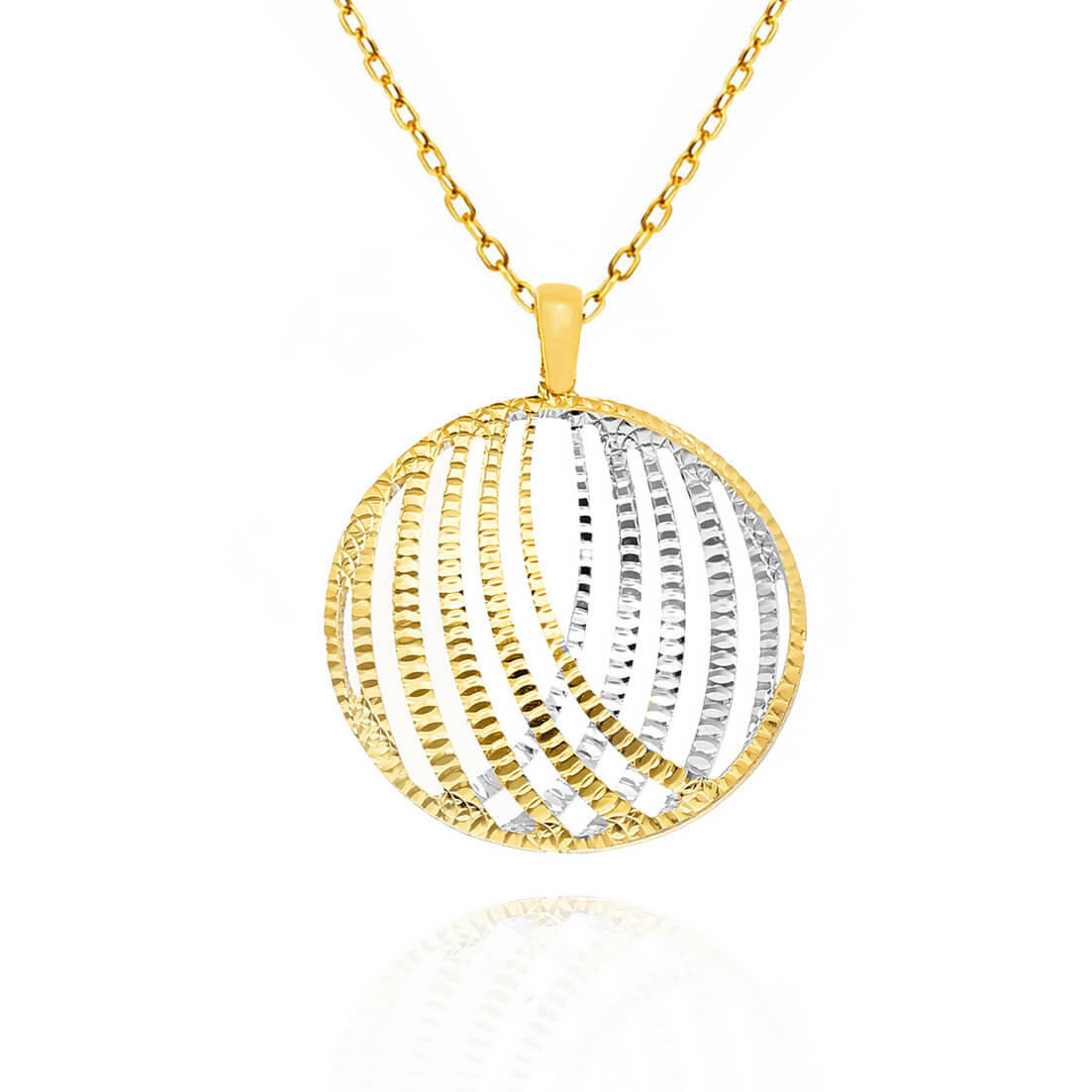 Złota zawieszka kółko 585 ażurowe diamentowane nacinane białe i żółte złoto