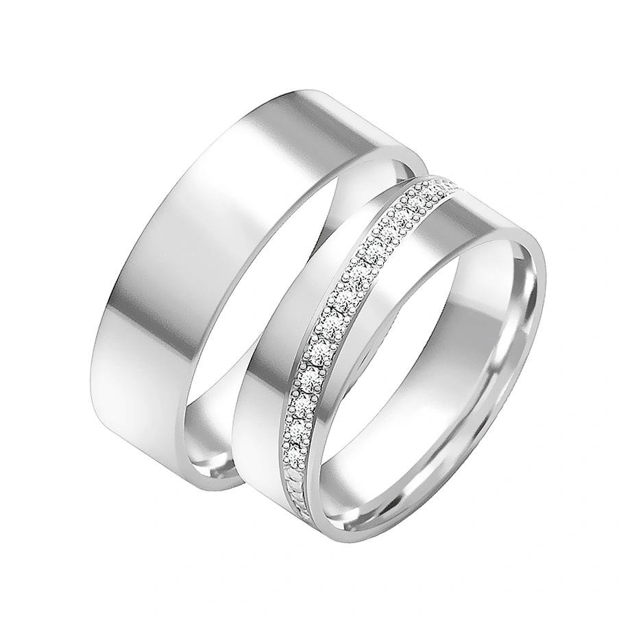 Obrączki ślubne para: białe złoto 585, diamenty, płaskie, 6 mm