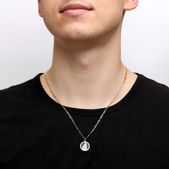 Złota zawieszka męska 585 okrągła żagiel łódź dla żeglarza czarna emalia