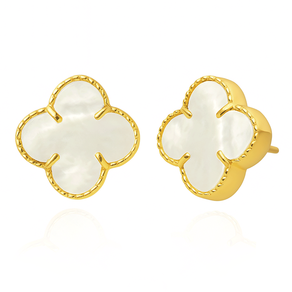 Złote kolczyki duże koniczynki z masą perłową 585 kwiatki koniczynki masa perłowa na sztyft