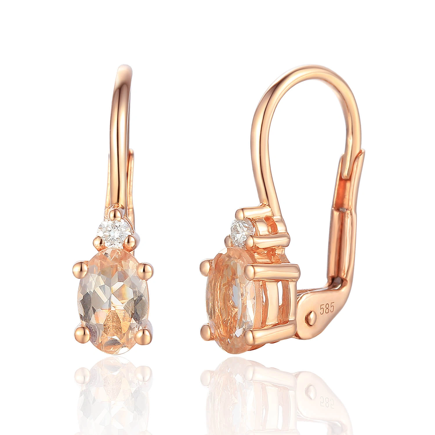 Złote kolczyki 585 łezki morganity 0,87 ct diamenty 0,06 ct różowe złoto